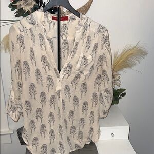 Women's Cream Printed V-Neck Blouse with Subtle Black Motif